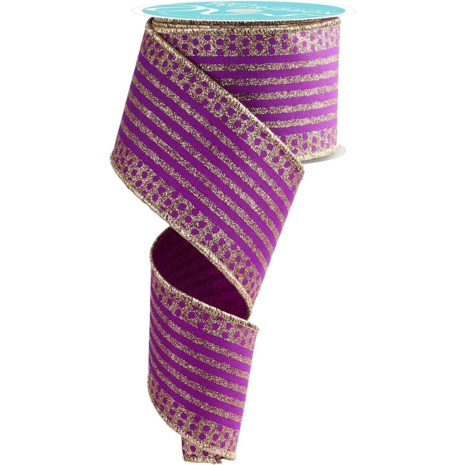 Shop For 2.5" Vertical Stripe Polka Dot Edge Ribbon: Purple/Gold