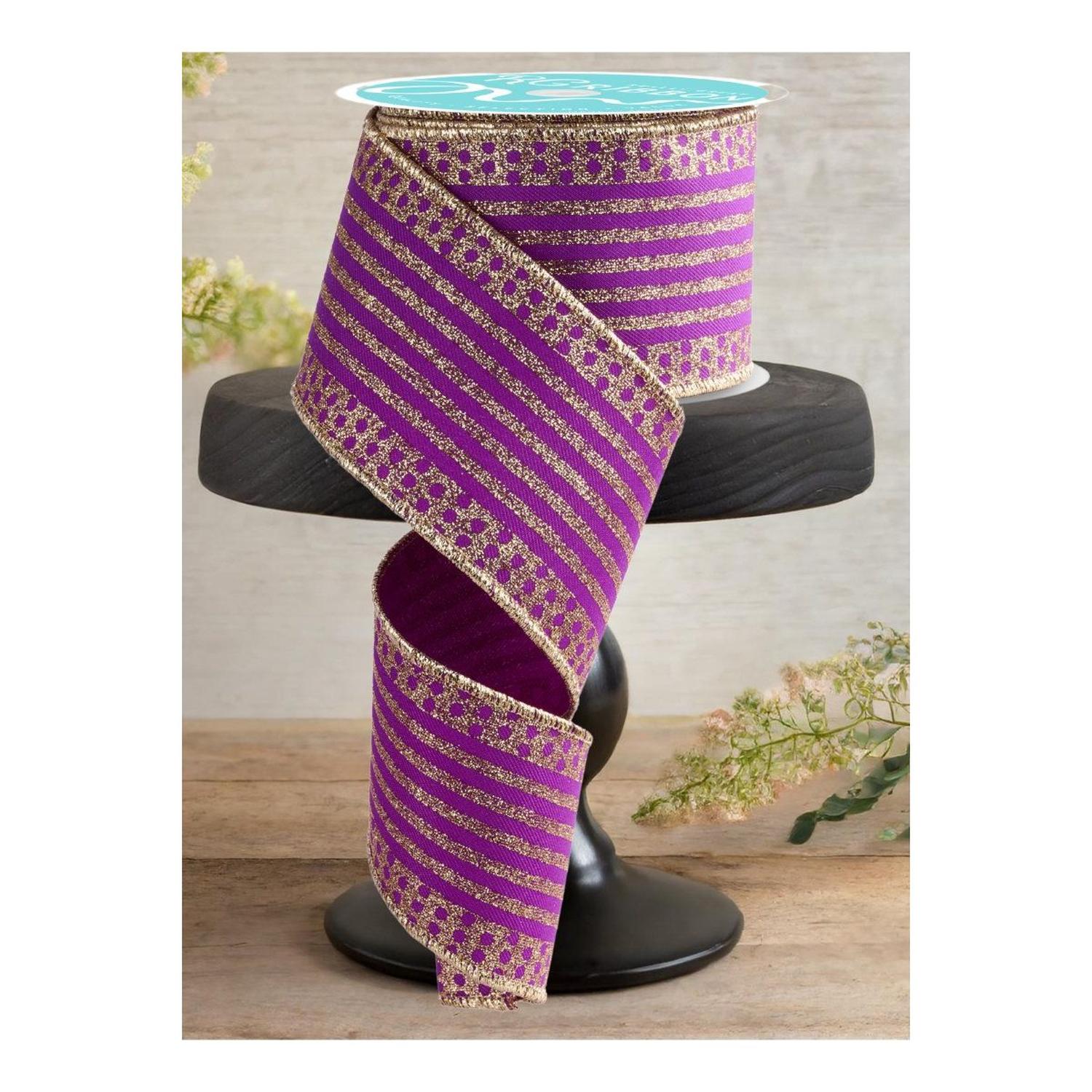 2.5" Vertical Stripe Polka Dot Edge Ribbon: Purple/Gold