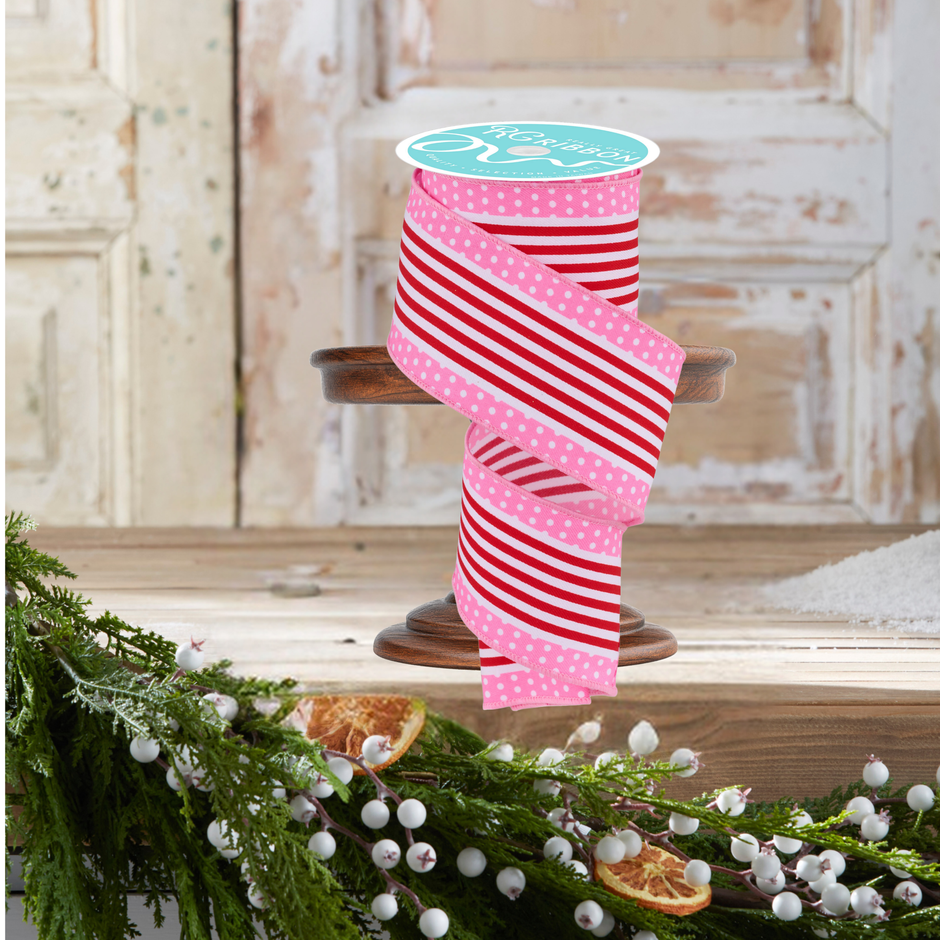 Shop For 2.5" Vertical Stripe Polka Dot Edge Ribbon: Red/Pink (10 Yards)