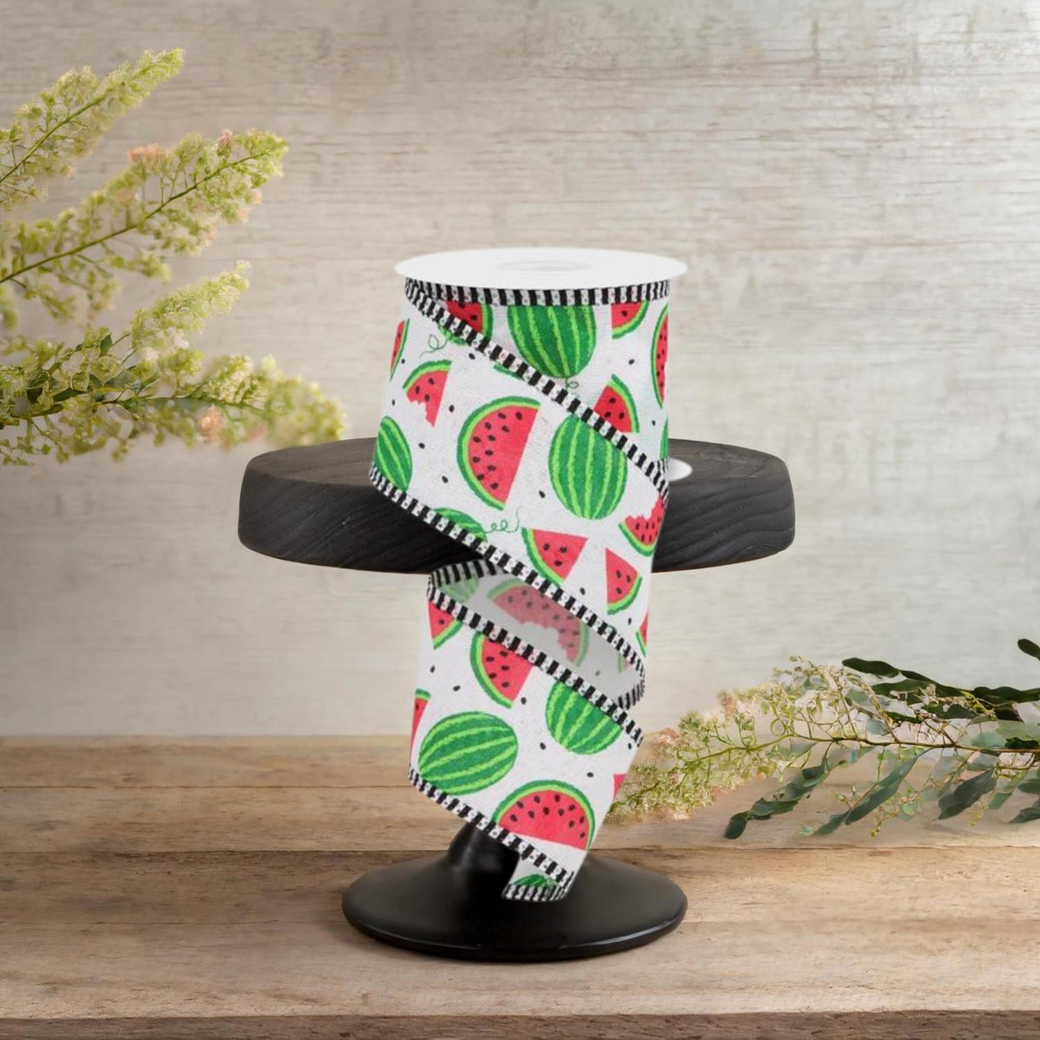 2.5" Watermelon Slices Thin Stripe Ribbon: White (10 Yards)