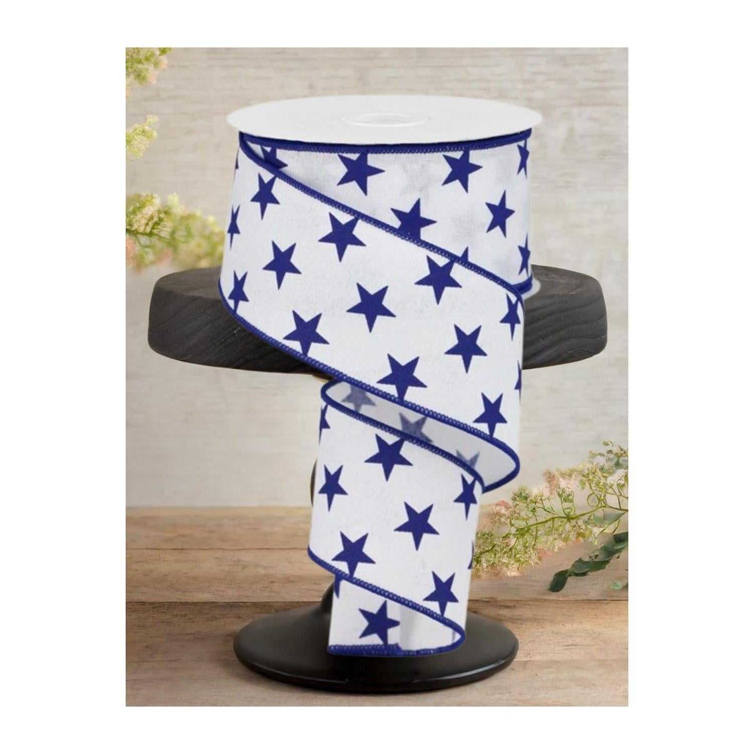 2.5" White Royal Canvas Ribbon: Blue Stars (10 Yards)