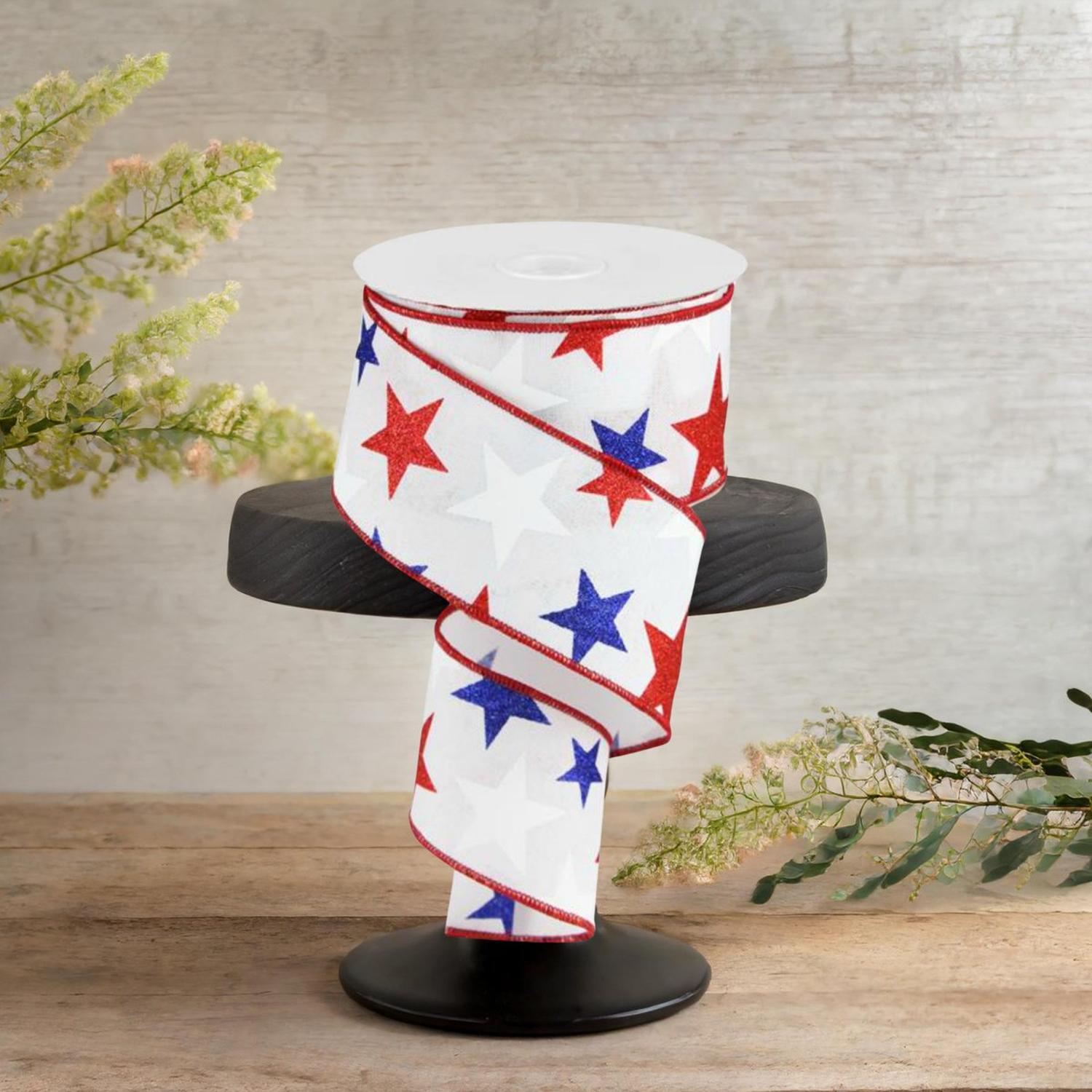 2.5" White Royal Canvas Ribbon: Patriotic Stars (10 Yards)