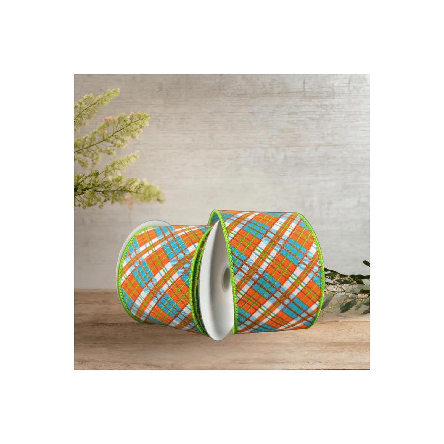 2.5" White Satin Busy Plaid Ribbon: Teal, Lime and Orange (10 Yards)
