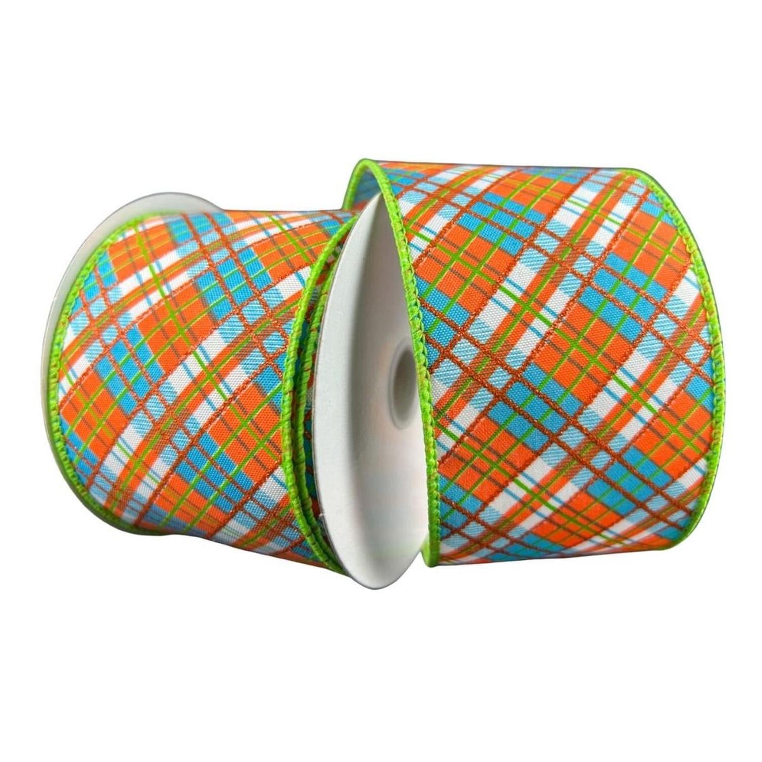 Shop For 2.5" White Satin Busy Plaid Ribbon: Teal, Lime and Orange (10 Yards) at Michelle's aDOORable Creations