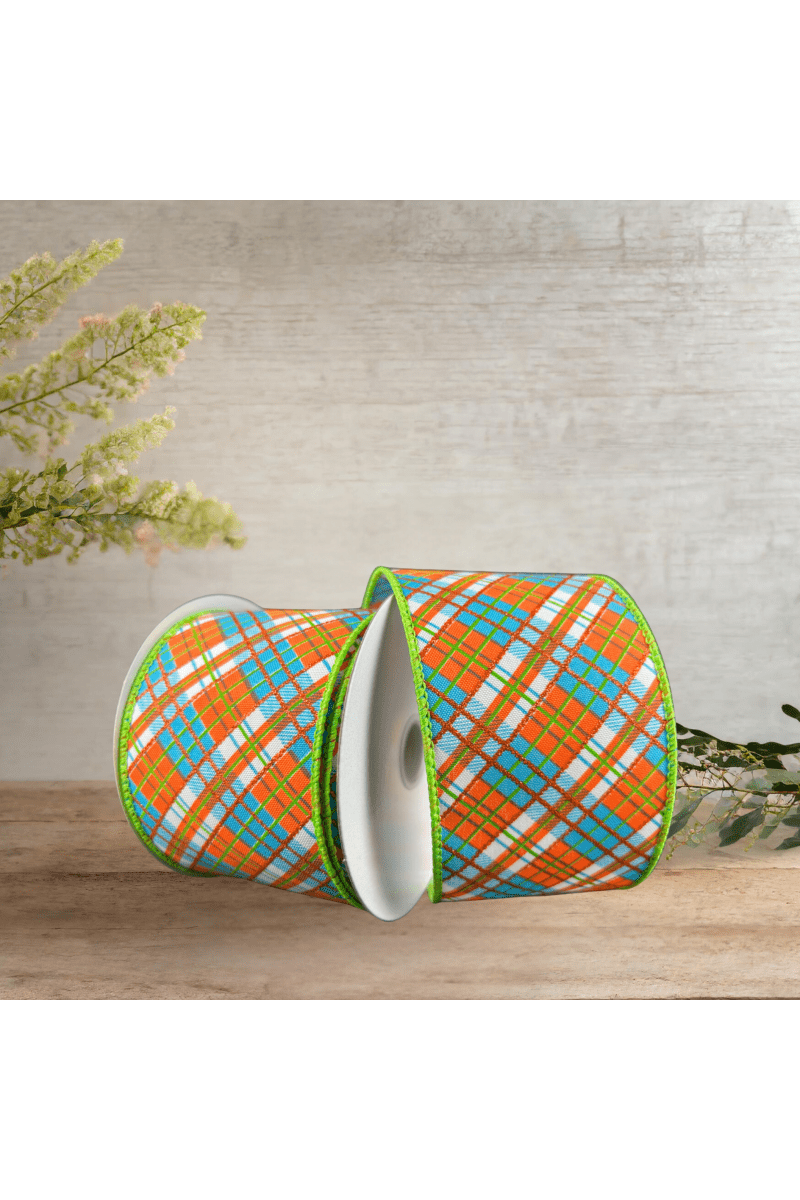 Shop For 2.5" White Satin Busy Plaid Ribbon: Teal, Lime and Orange (10 Yards)