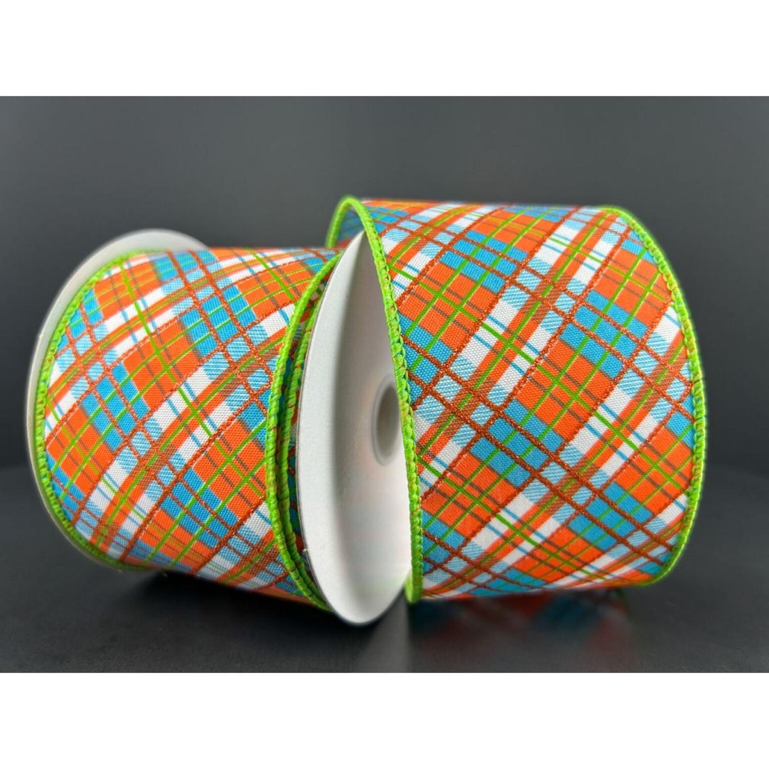 2.5" White Satin Busy Plaid Ribbon: Teal, Lime and Orange (10 Yards)
