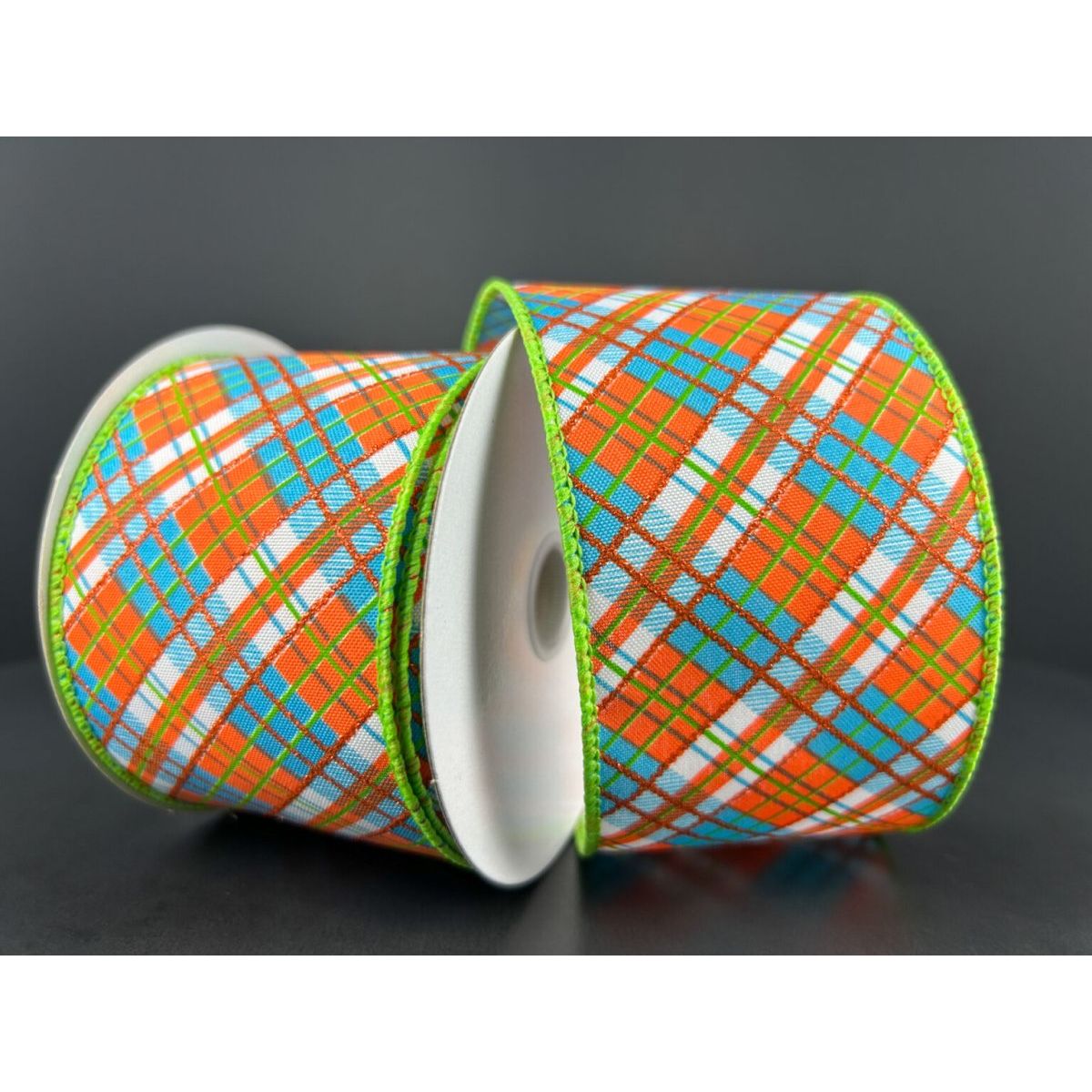 Shop For 2.5" White Satin Busy Plaid Ribbon: Teal, Lime and Orange (10 Yards) at Michelle's aDOORable Creations