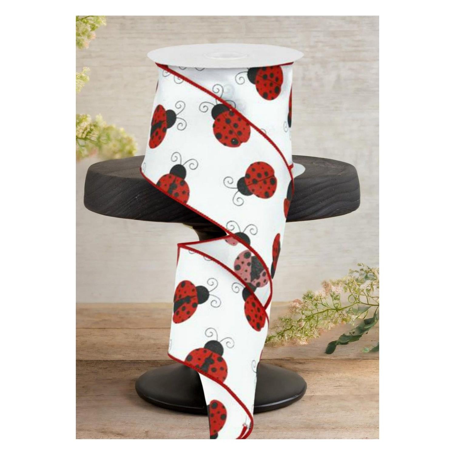 2.5" White Satin Ladybug Ribbon (10 Yards)