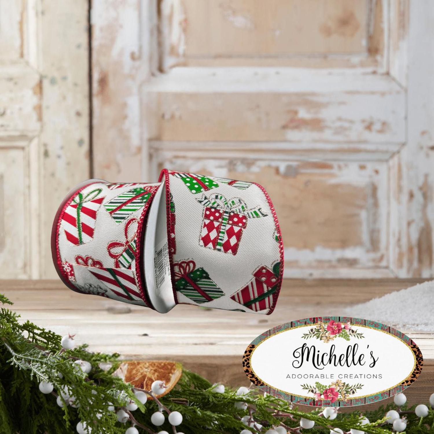 2.5" Wrapped Gifts Ribbon: Red, Green, and White (10 Yards)