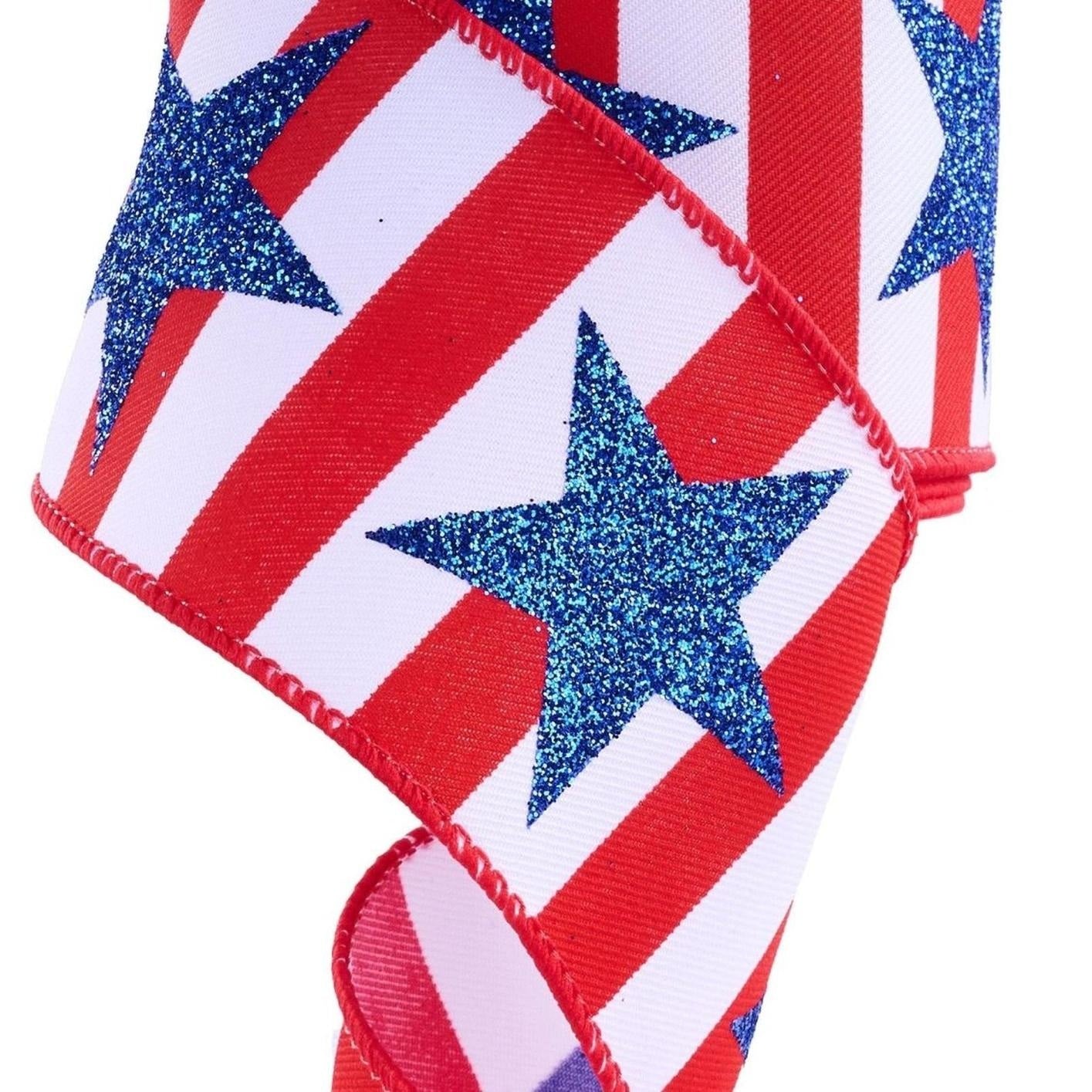 2.5in Bold Glitter Star Striped Ribbon: Patriotic (10 Yards)