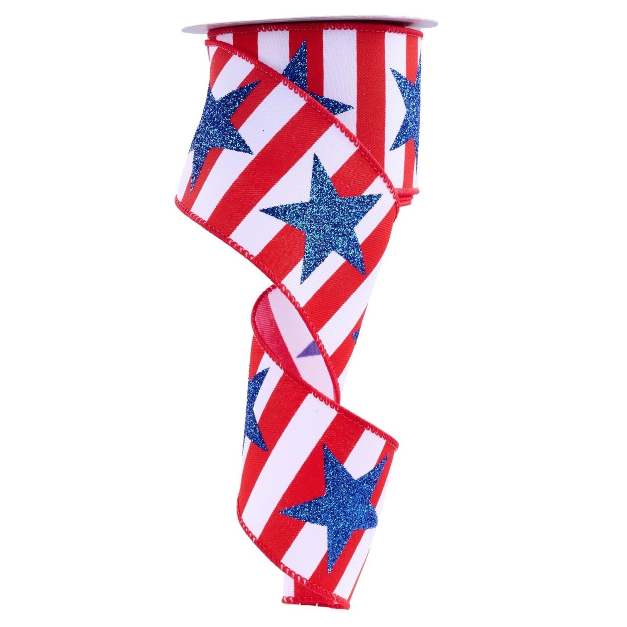 2.5in Bold Glitter Star Striped Ribbon: Patriotic (10 Yards)