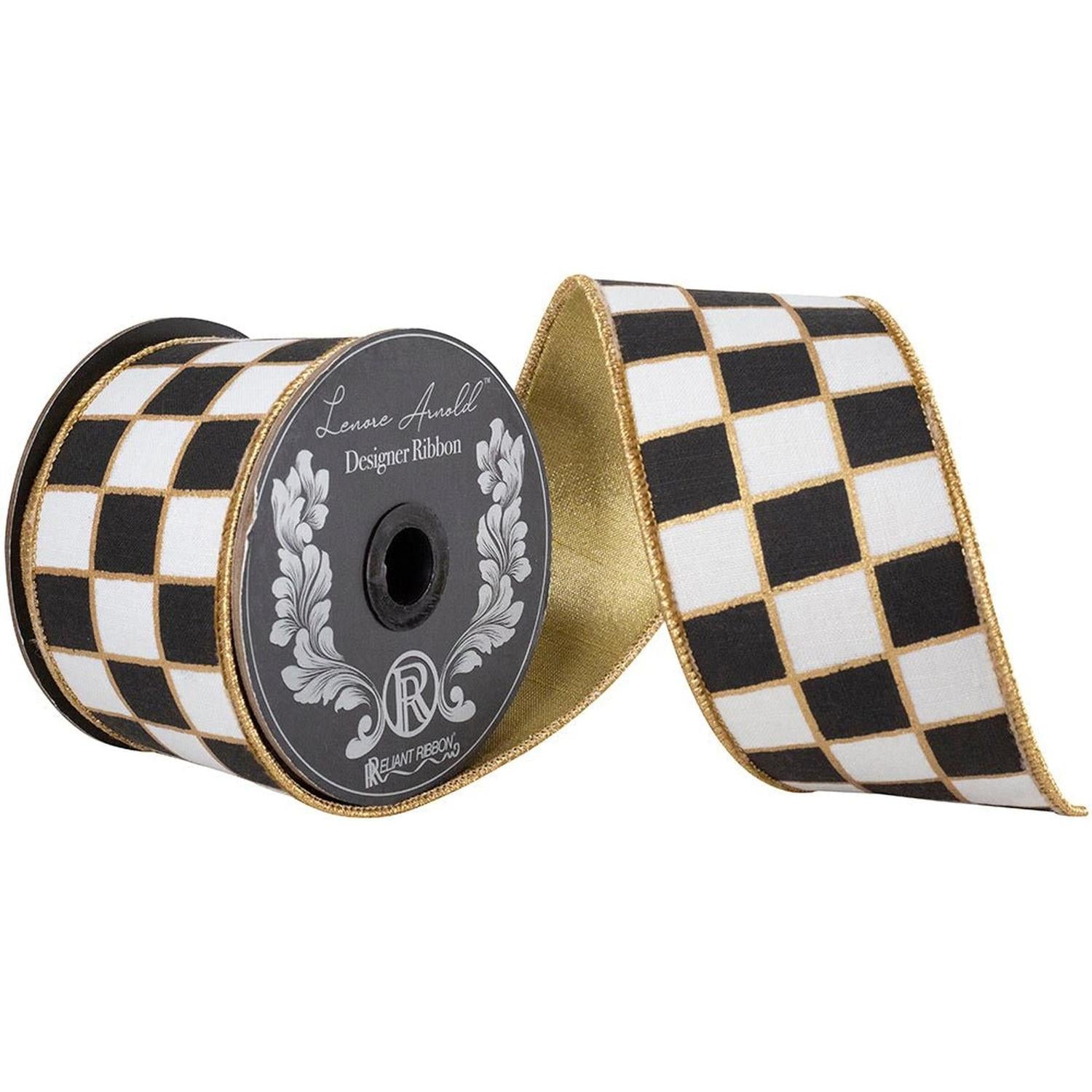 2.5in Checked Metallic Ribbon: Black/White (5 Yards)