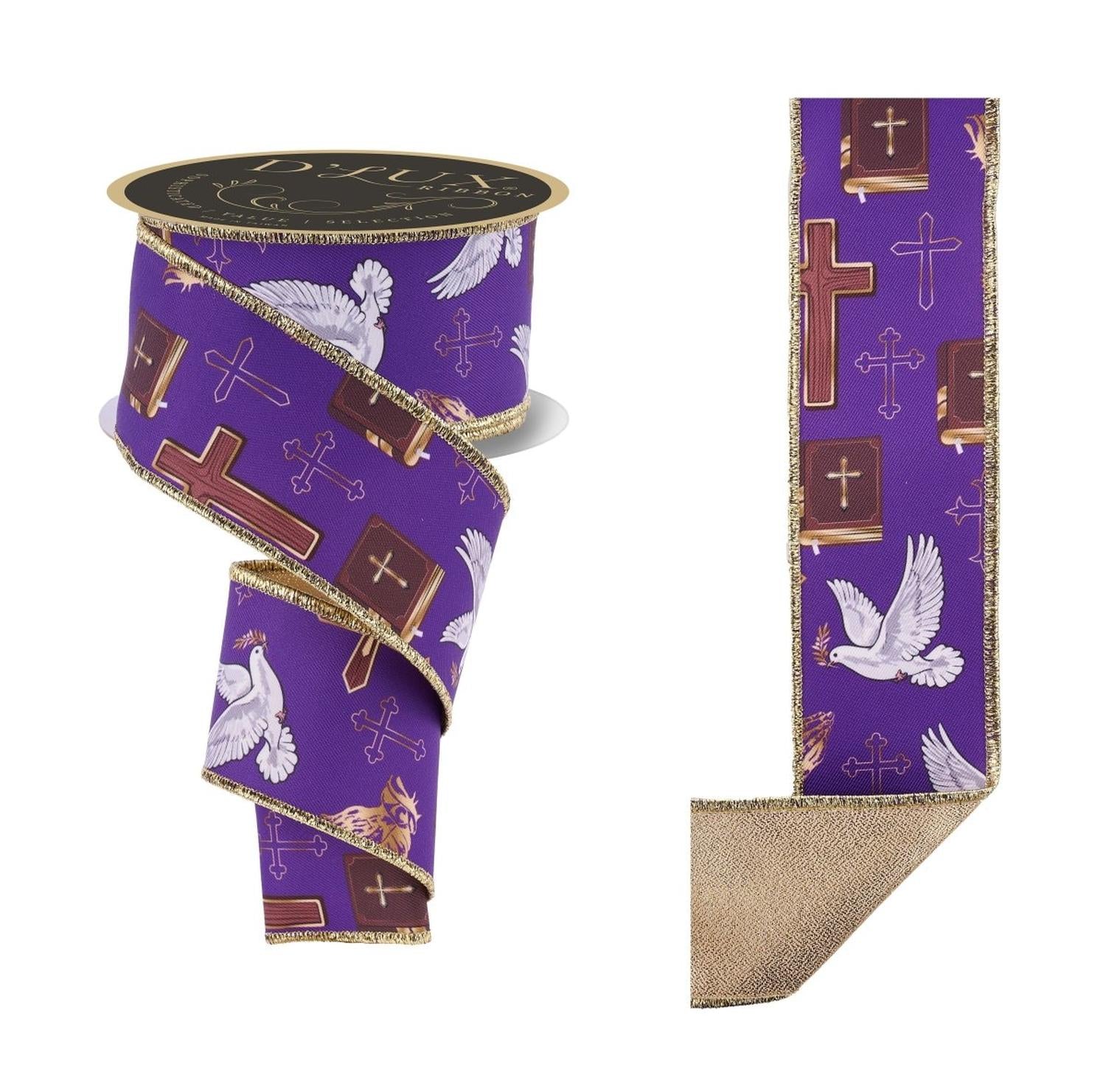 2.5in Cross Dove and Prayers Ribbon: Purple (10 Yards)