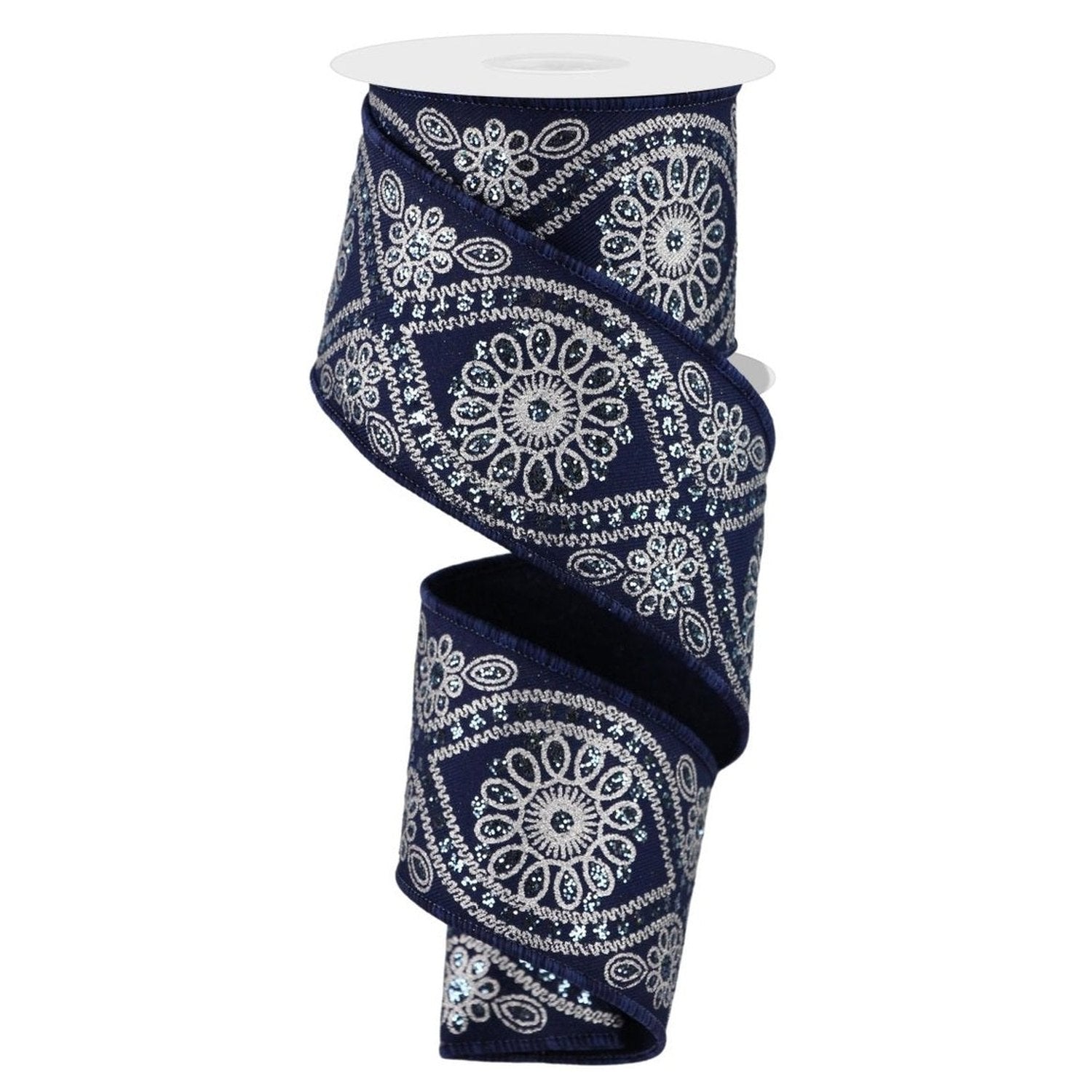 Shop For 2.5in Deluxe Wavy Floral Ribbon: Navy/Silver (10 Yards)