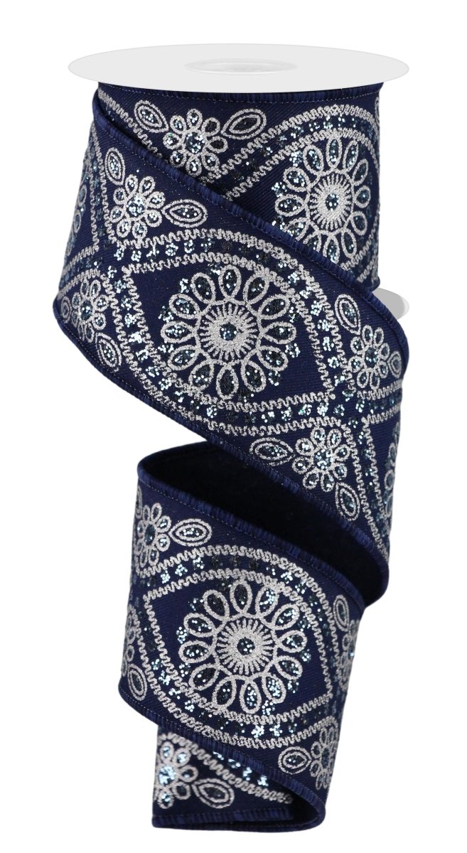 Shop For 2.5in Deluxe Wavy Floral Ribbon: Navy/Silver (10 Yards)