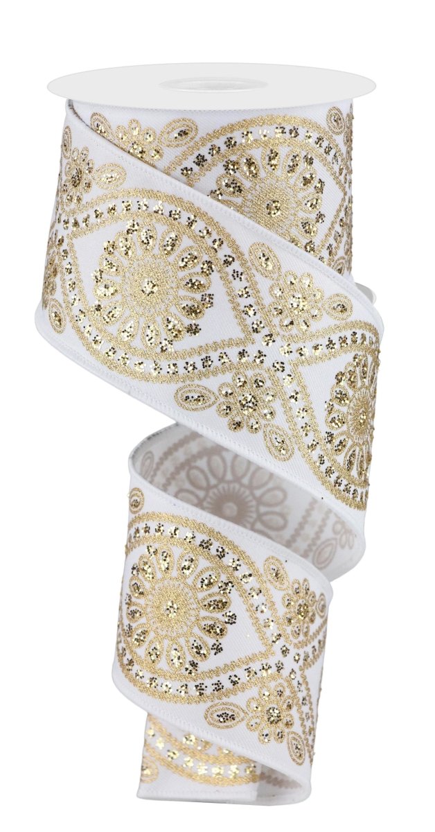 Shop For 2.5in Deluxe Wavy Floral Ribbon: White/Gold (10 Yards)