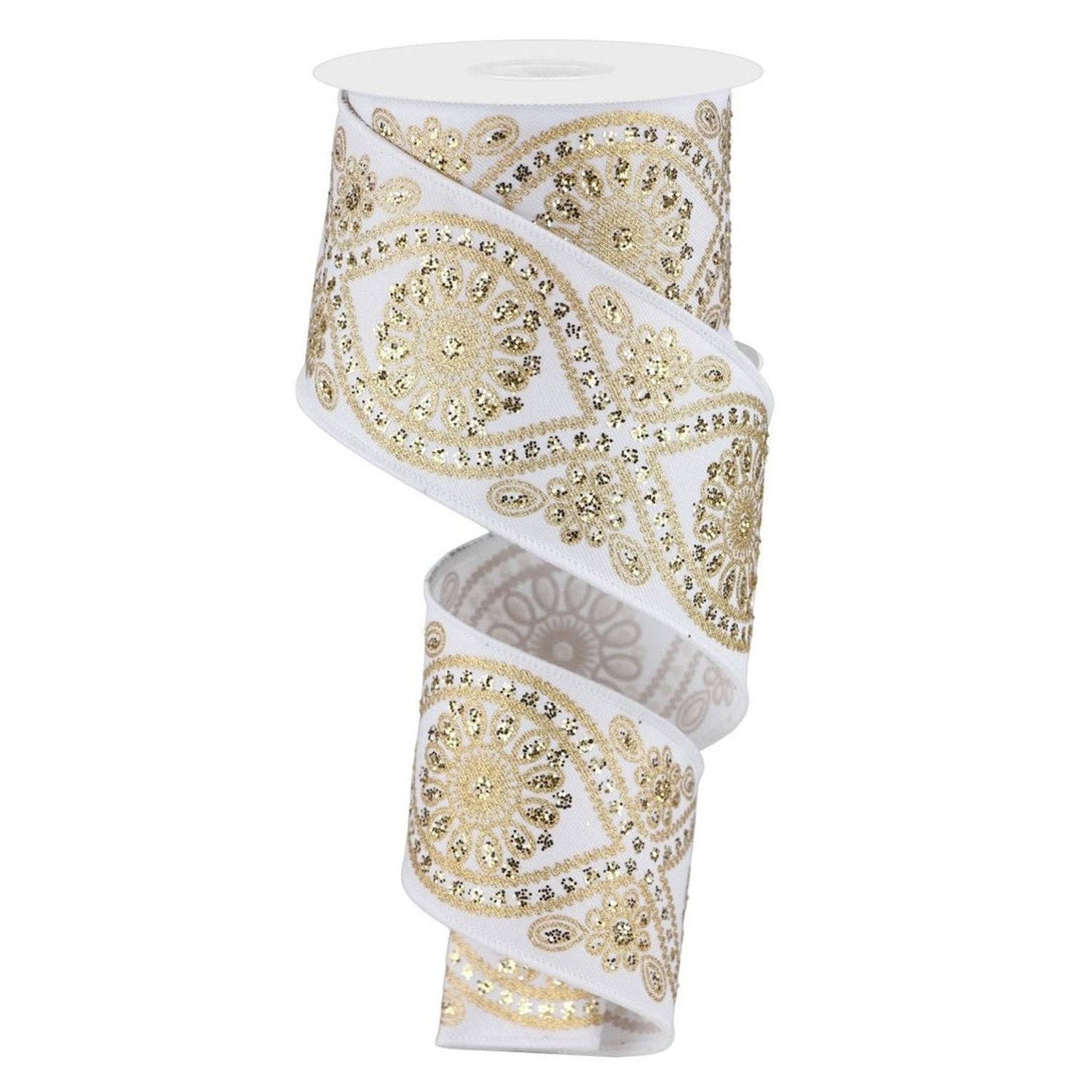 Shop For 2.5in Deluxe Wavy Floral Ribbon: White/Gold (10 Yards)