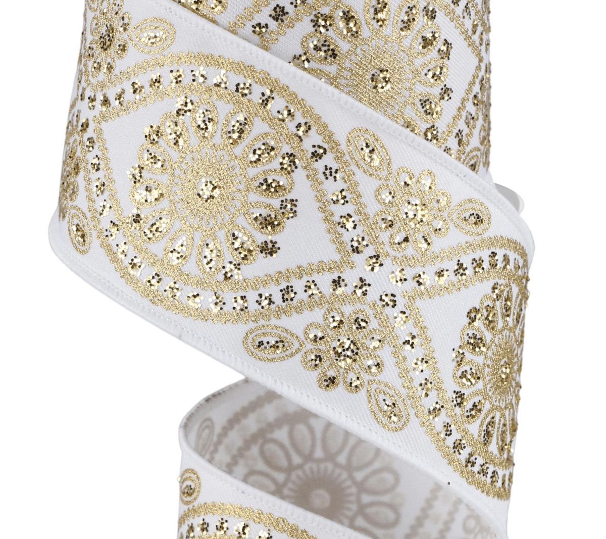 Shop For 2.5in Deluxe Wavy Floral Ribbon: White/Gold (10 Yards)