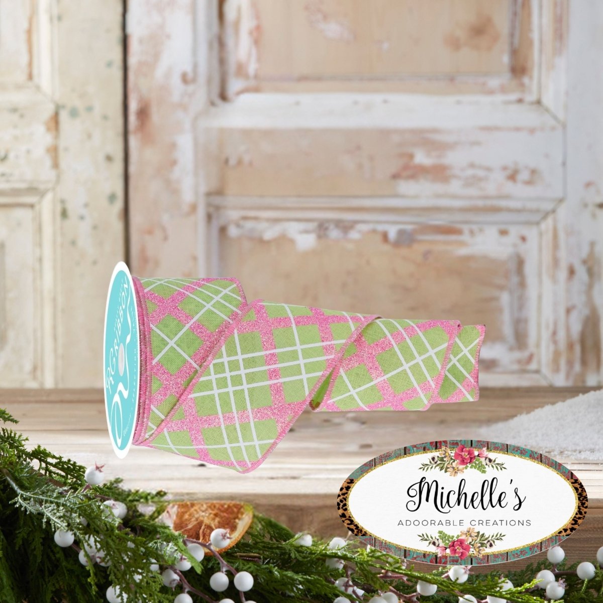 Shop For 2.5in Diagonal Glitter Plaid Ribbon: Bright Green (10 Yard)