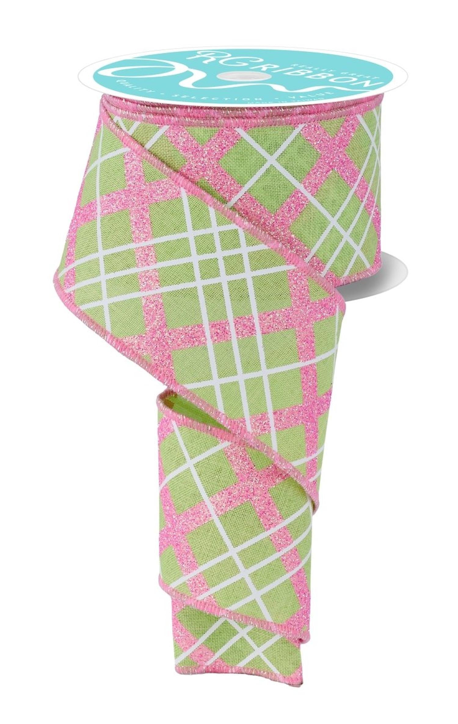 2.5in Diagonal Glitter Plaid Ribbon: Bright Green (10 Yard)