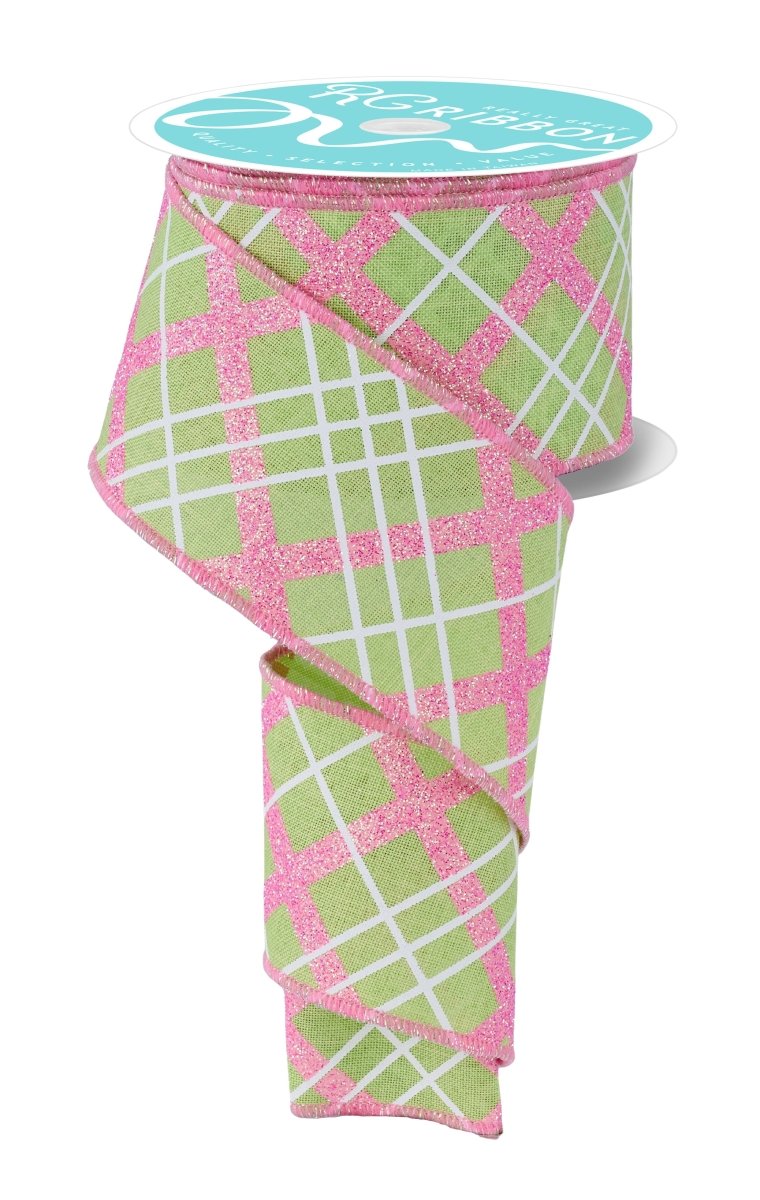Shop For 2.5in Diagonal Glitter Plaid Ribbon: Bright Green (10 Yard)