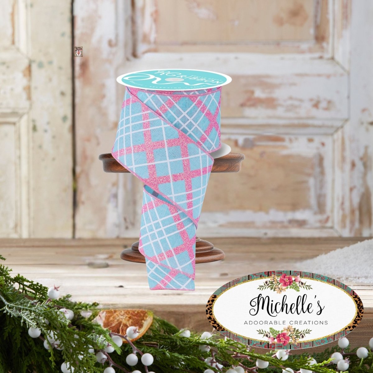 Shop For 2.5in Diagonal Glitter Plaid Ribbon: Robin Egg (10 Yard)