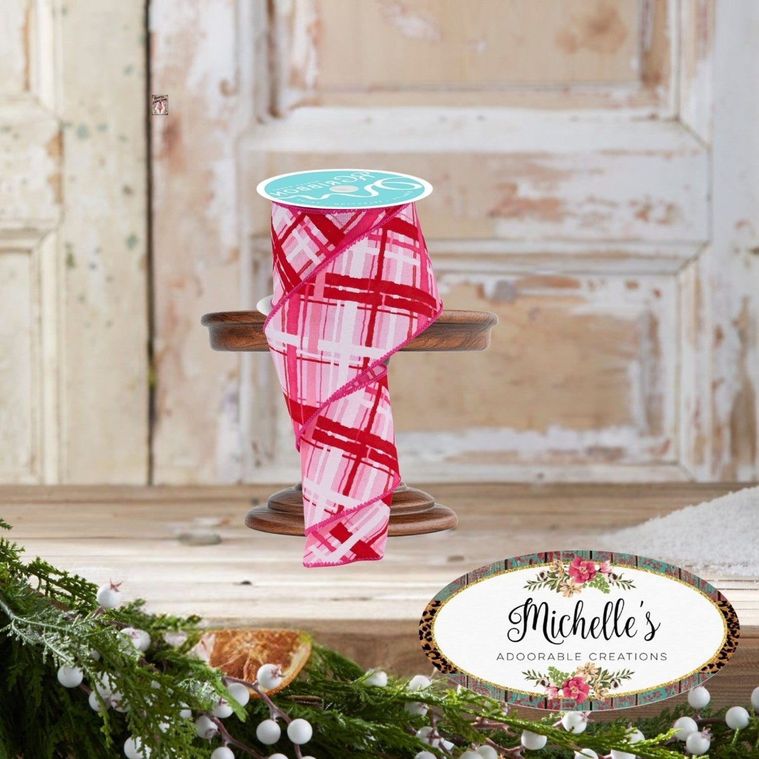 Shop For 2.5in Diagonal Multi Width Plaid Ribbon: Lt Pink/Red/White