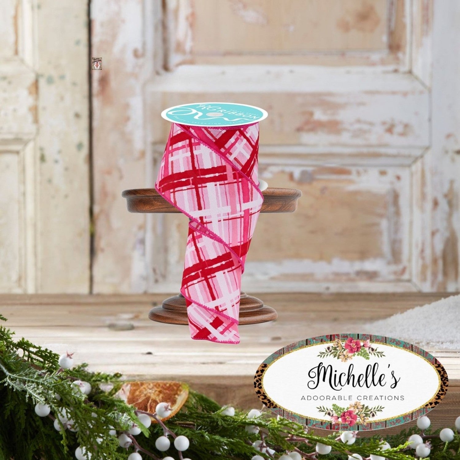 Shop For 2.5in Diagonal Multi Width Plaid Ribbon: Lt Pink/Red/White