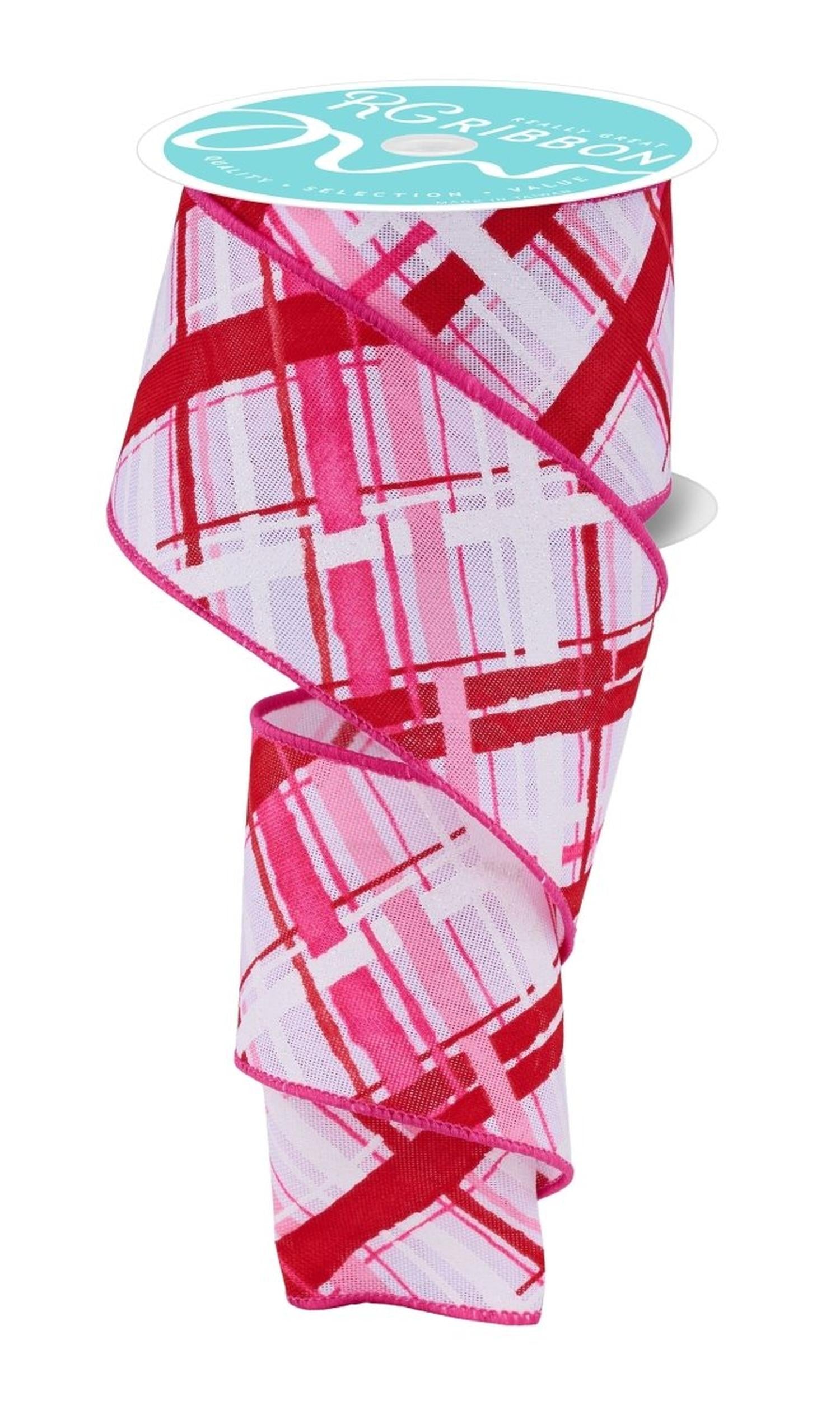 2.5in Diagonal Multi Width Plaid Ribbon: White/Pink/Red