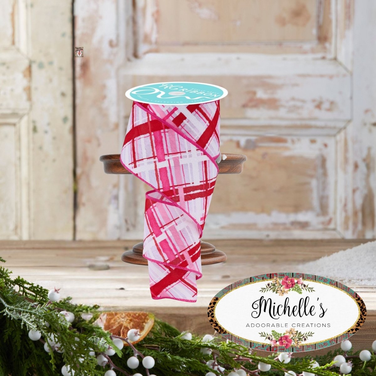 Shop For 2.5in Diagonal Multi Width Plaid Ribbon: White/Pink/Red