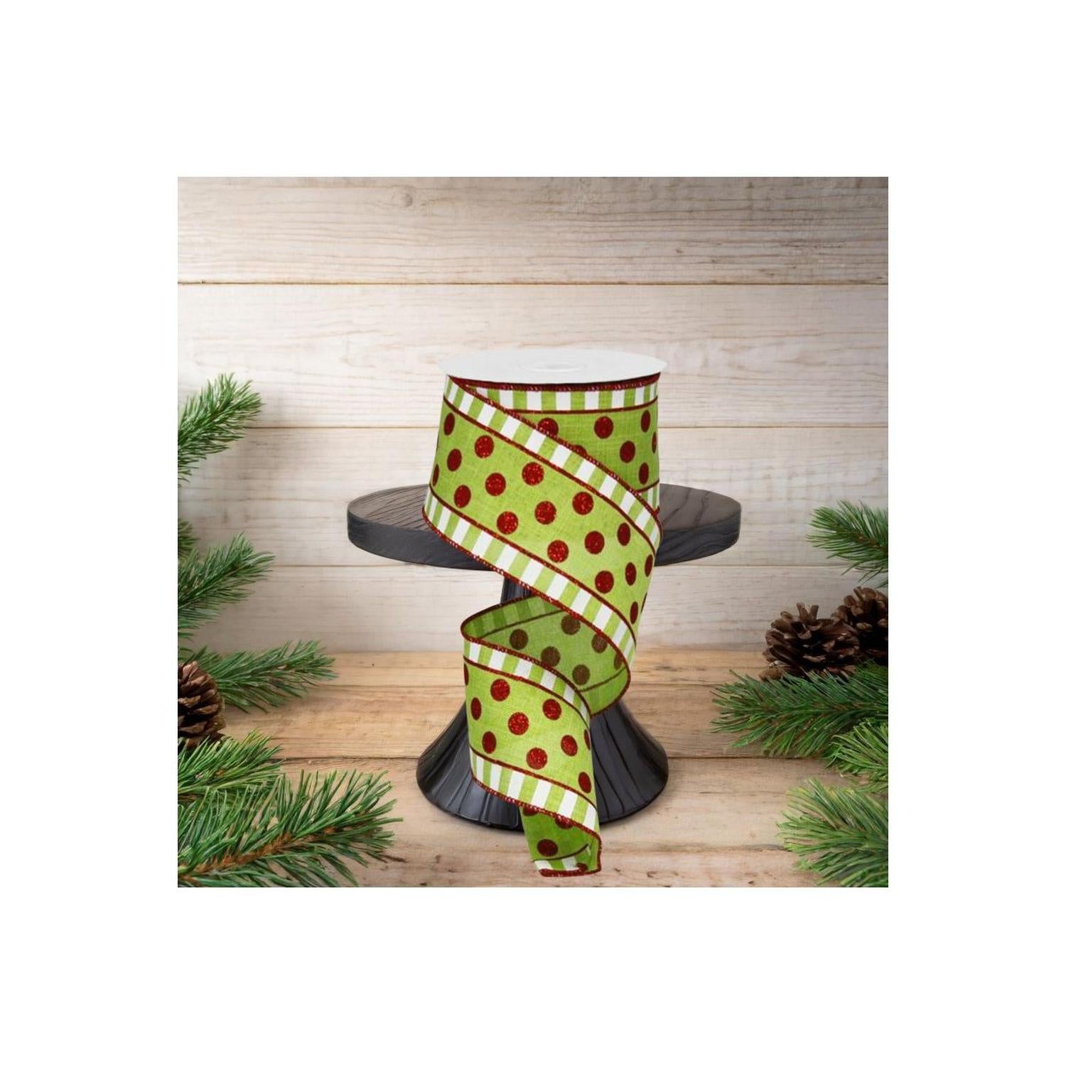 2.5in Dots & Stripes Glitter Ribbon: Lime Green, White, Red (10 Yards)