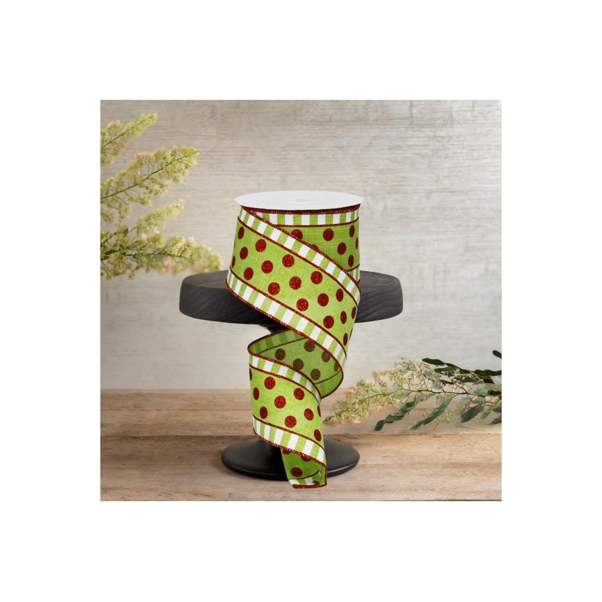 Shop For 2.5in Dots & Stripes Glitter Ribbon: Lime Green, White, Red (10 Yards)