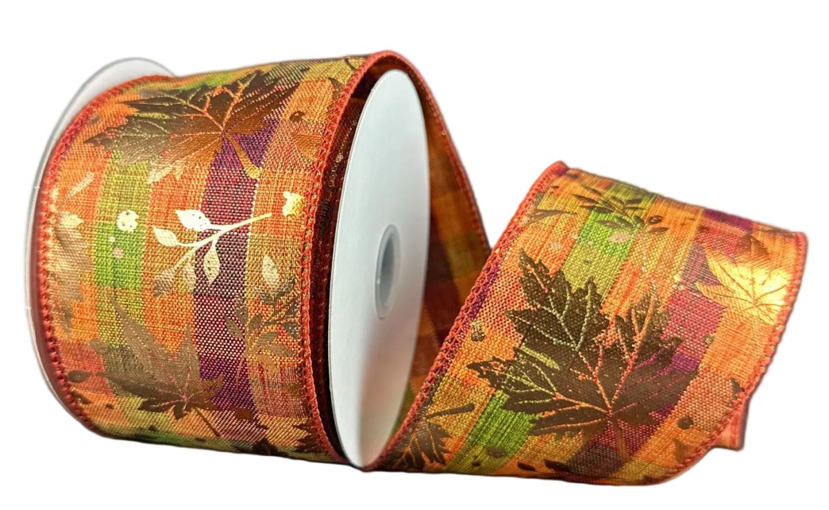 Shop For 2.5in Fall Plaid with Gold Metallic Leaves Ribbon (10 Yards)