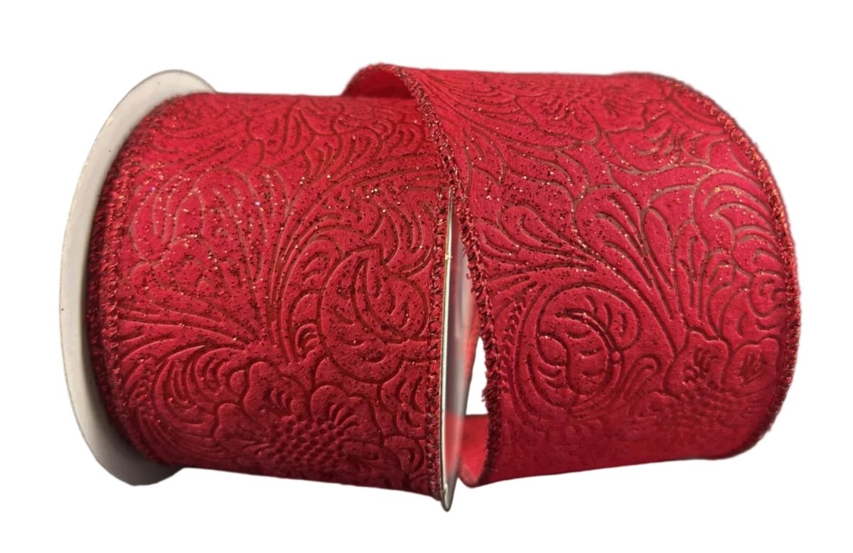 Shop For 2.5in Glitter Flower Embossed Ribbon: Red (10 Yards)