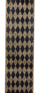 Shop For 2.5in Glitter Harlequin Check Ribbon: Black/Gold (10 Yards)