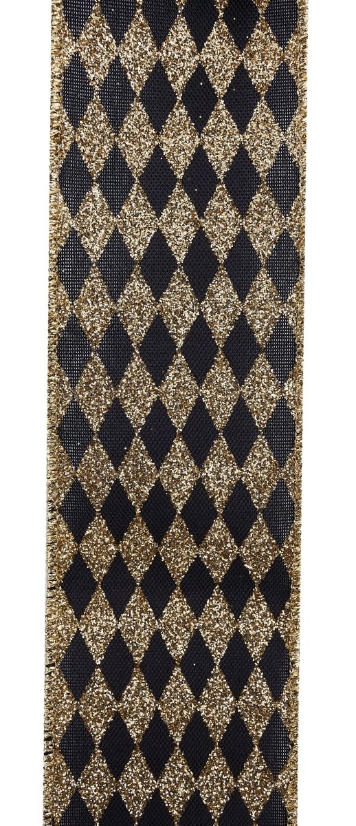 Shop For 2.5in Glitter Harlequin Check Ribbon: Black/Gold (10 Yards)