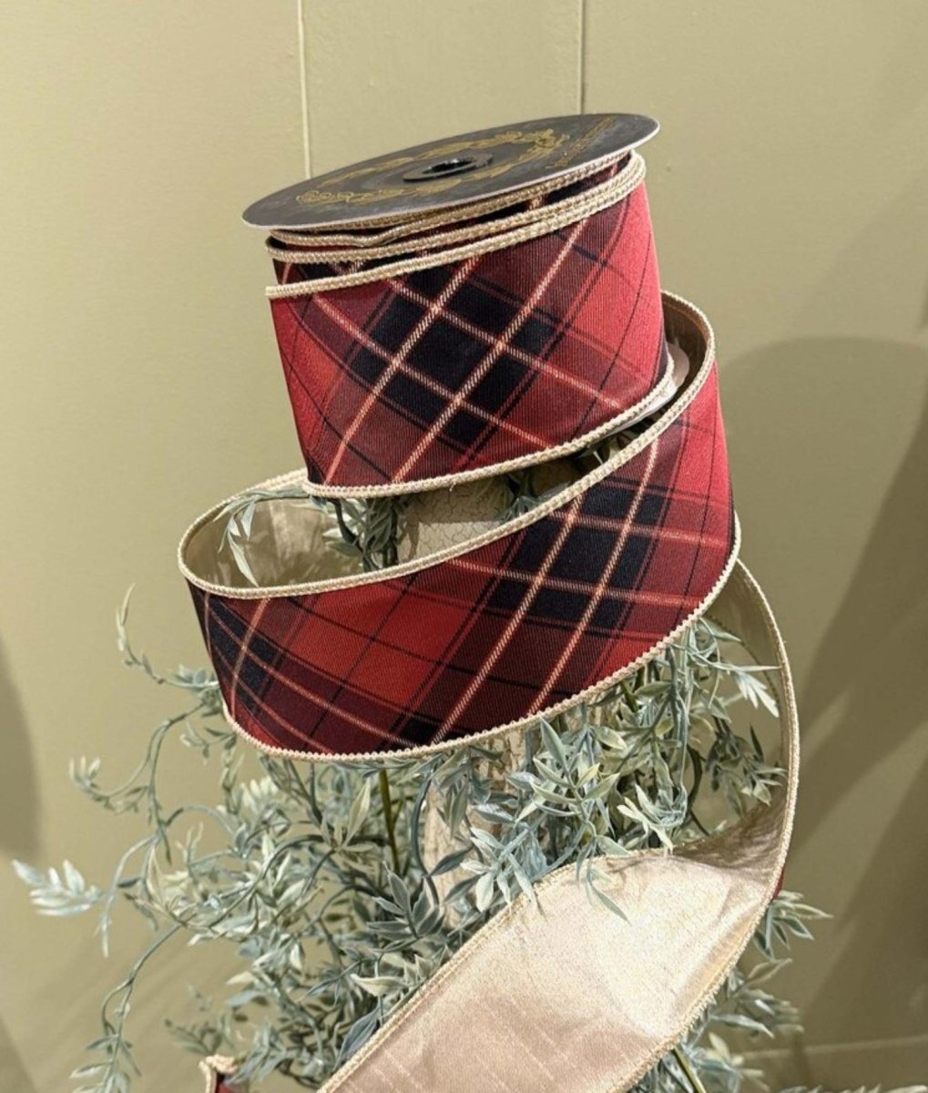 Shop For 2.5in JME Burgundy Plaid Fused Metallic Gold Ribbon (10 Yards)