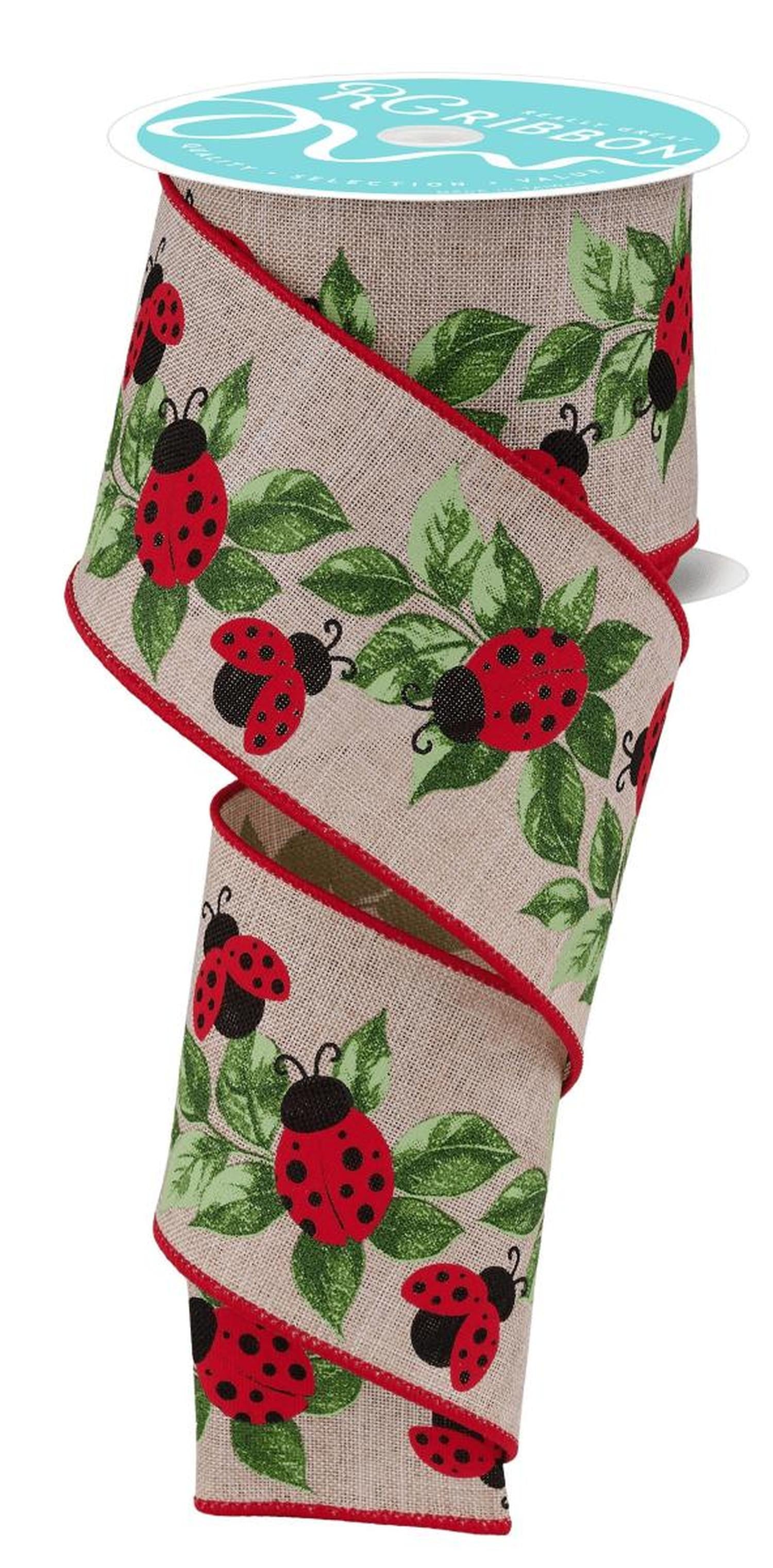 2.5in Ladybug and Leaves Ribbon: Natural (10 Yards)