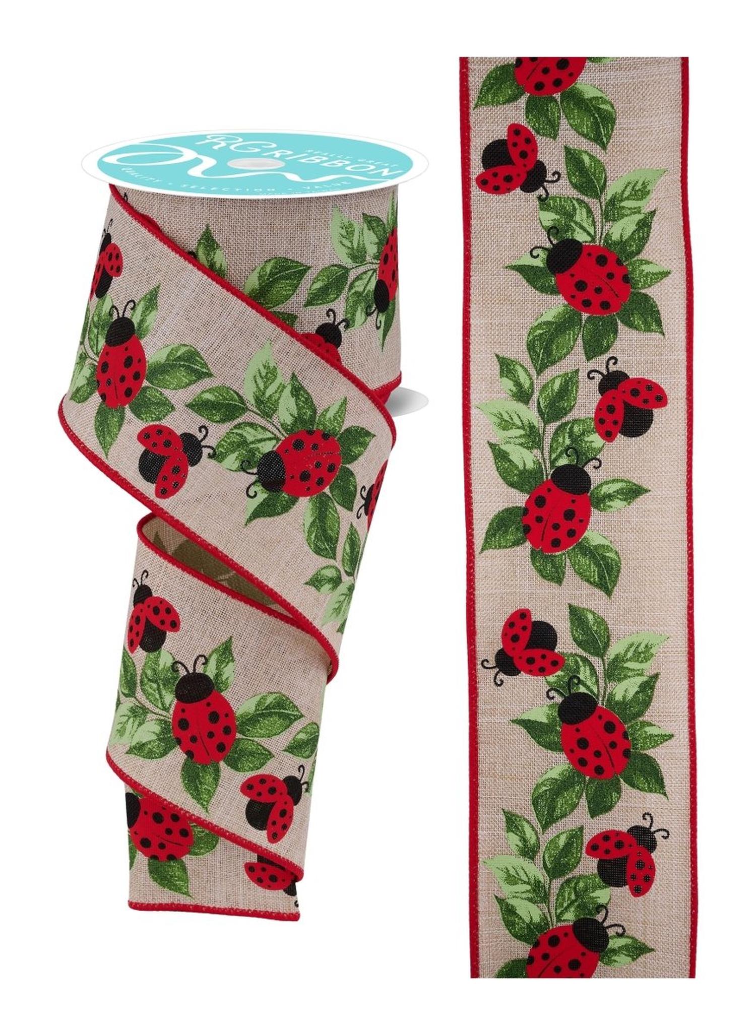 2.5in Ladybug and Leaves Ribbon: Natural (10 Yards)