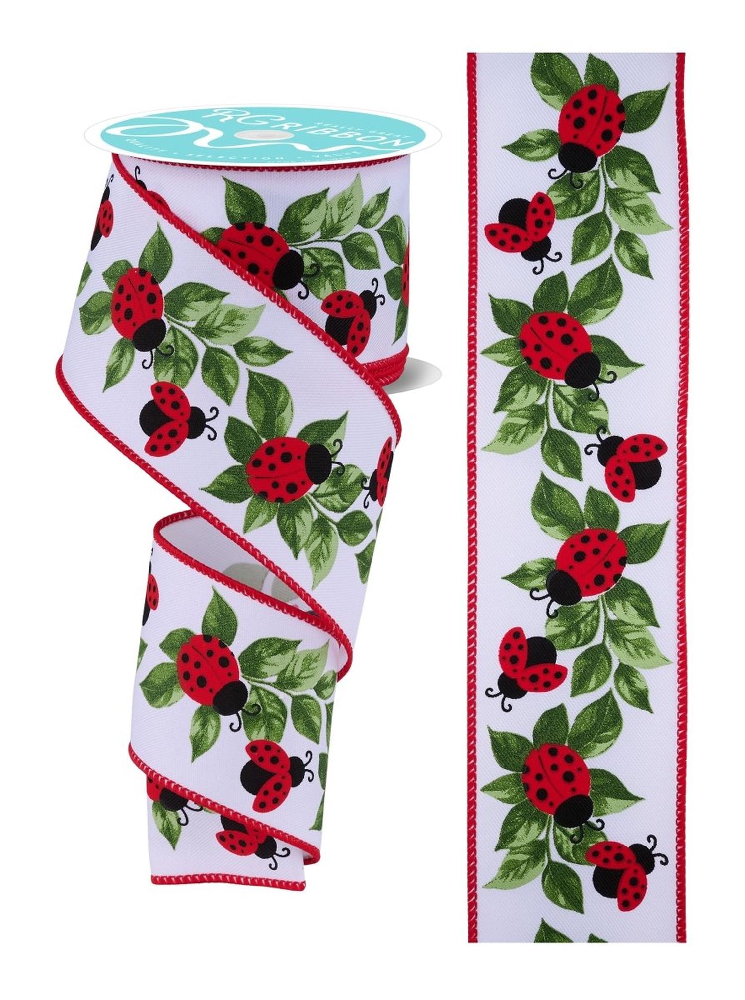 2.5in Ladybug and Leaves Ribbon: White (10 Yards)