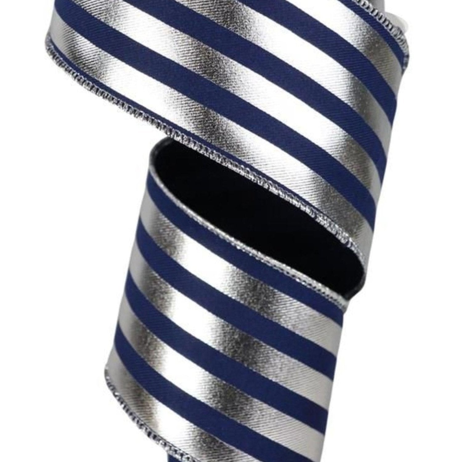 Shop For 2.5in Metallic Vertical Stripes Ribbon: Navy Blue & Silver (10 Yards)
