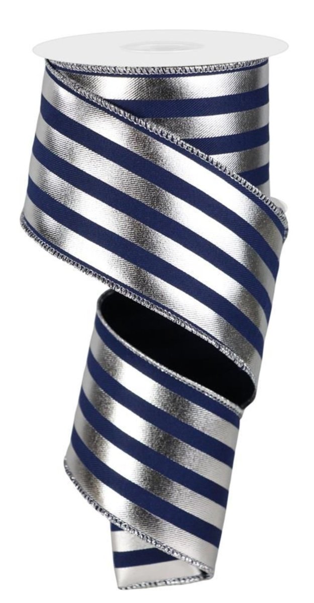 Shop For 2.5in Metallic Vertical Stripes Ribbon: Navy Blue & Silver (10 Yards)