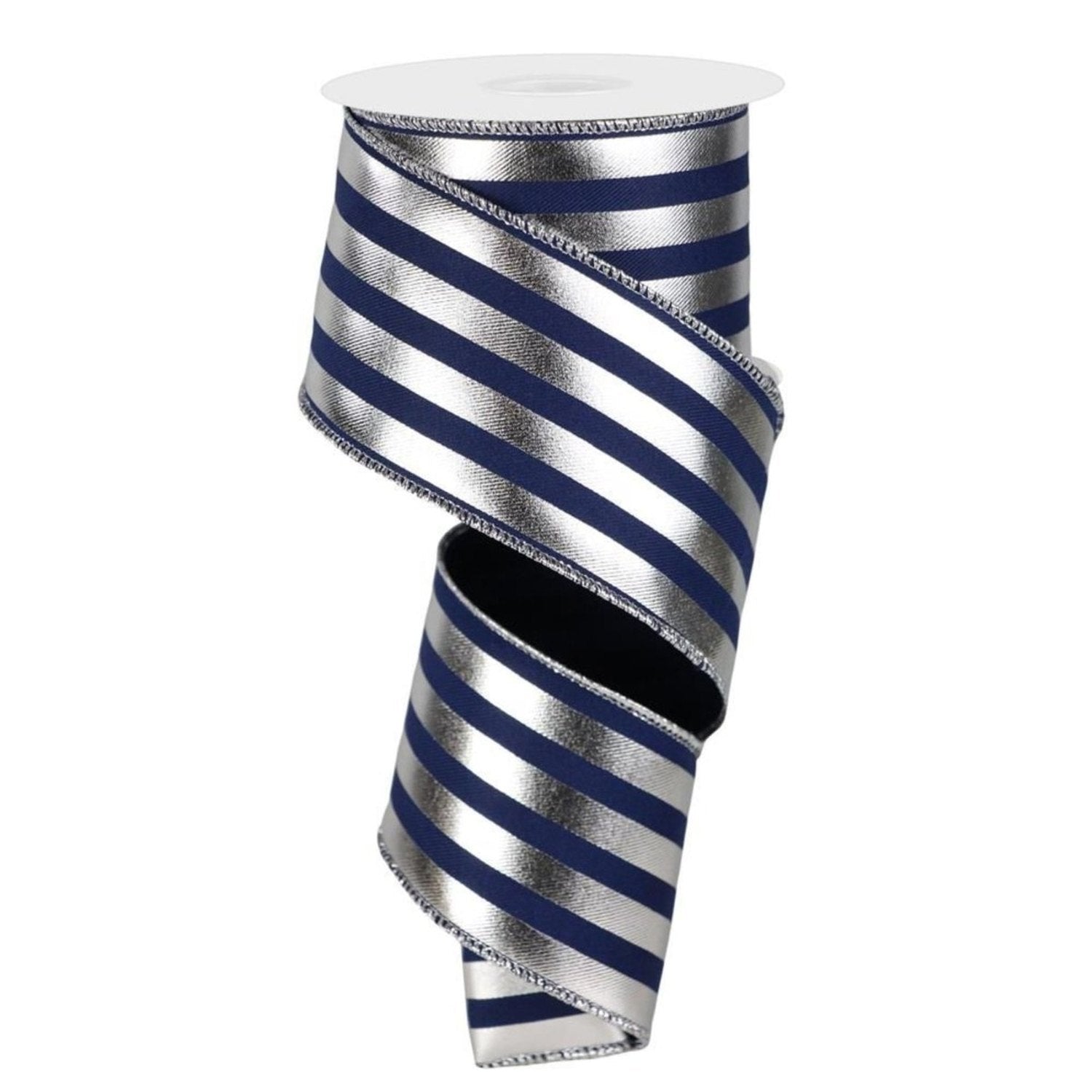 Shop For 2.5in Metallic Vertical Stripes Ribbon: Navy Blue & Silver (10 Yards)