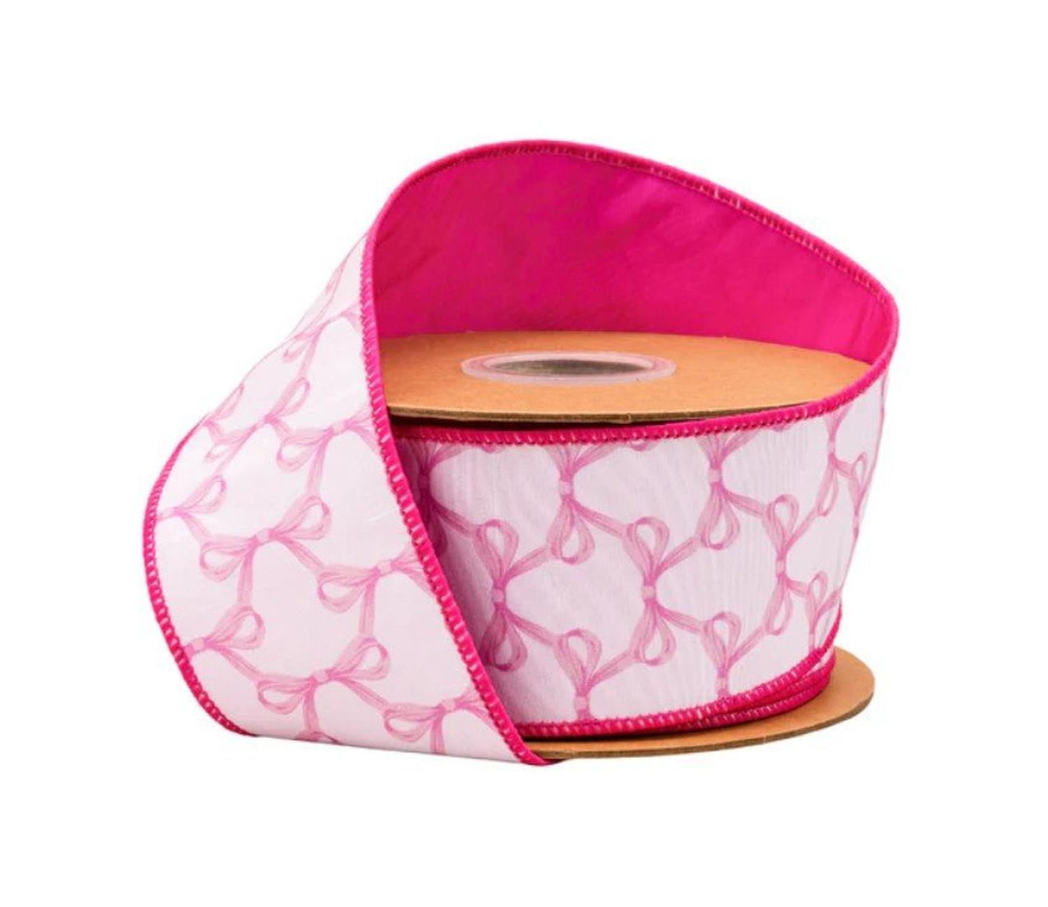 2.5in Pink Bow Dupioni Ribbon: White (10 Yards)