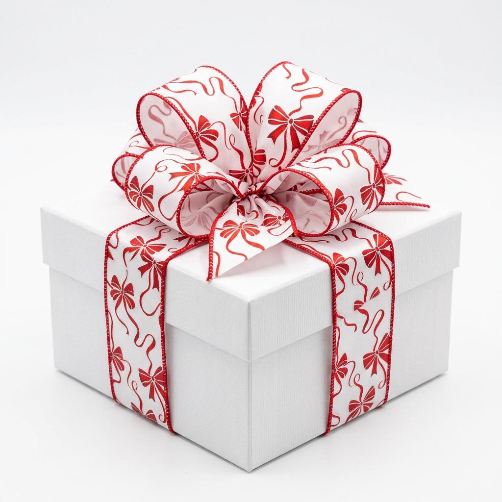 White wired satin ribbon with red bow pattern on gift box