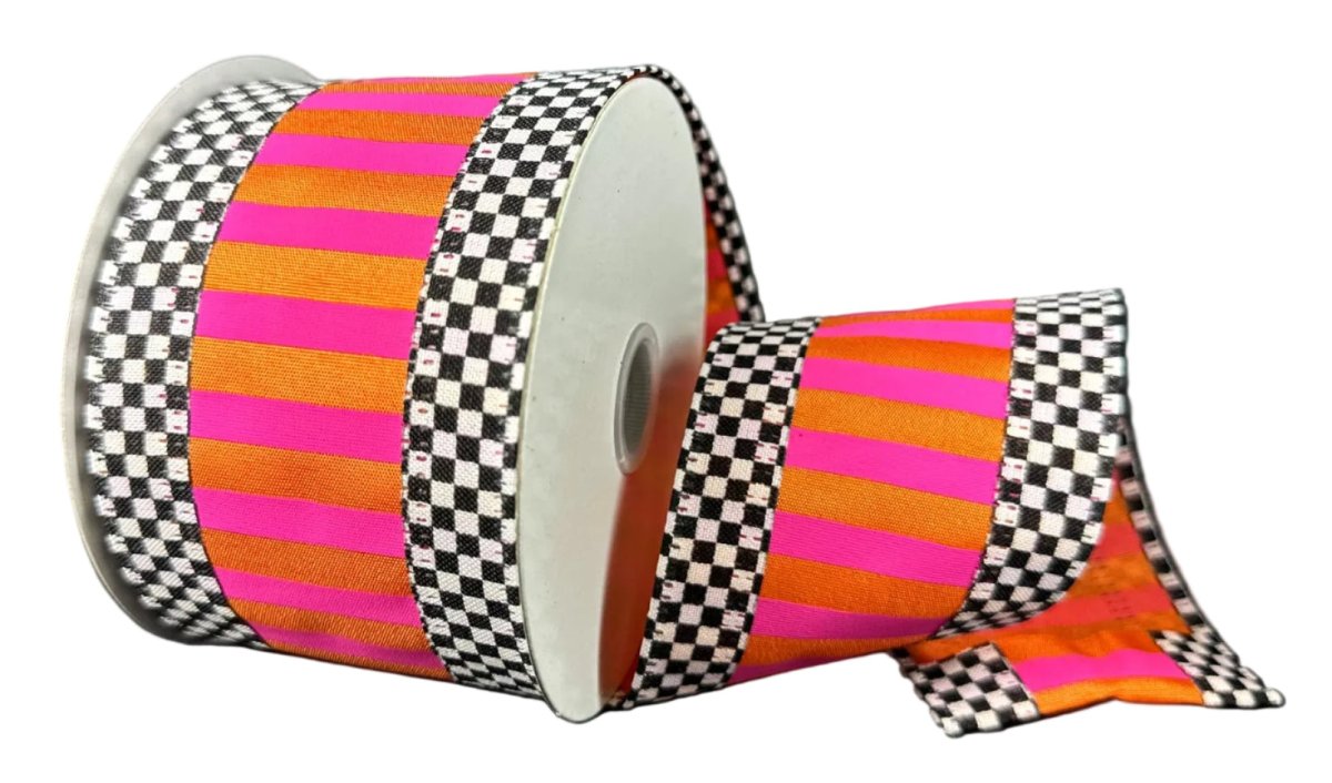 Shop For 2.5in Stripe with Check Edge Ribbon: Orange & Fuchsia (10 Yards)