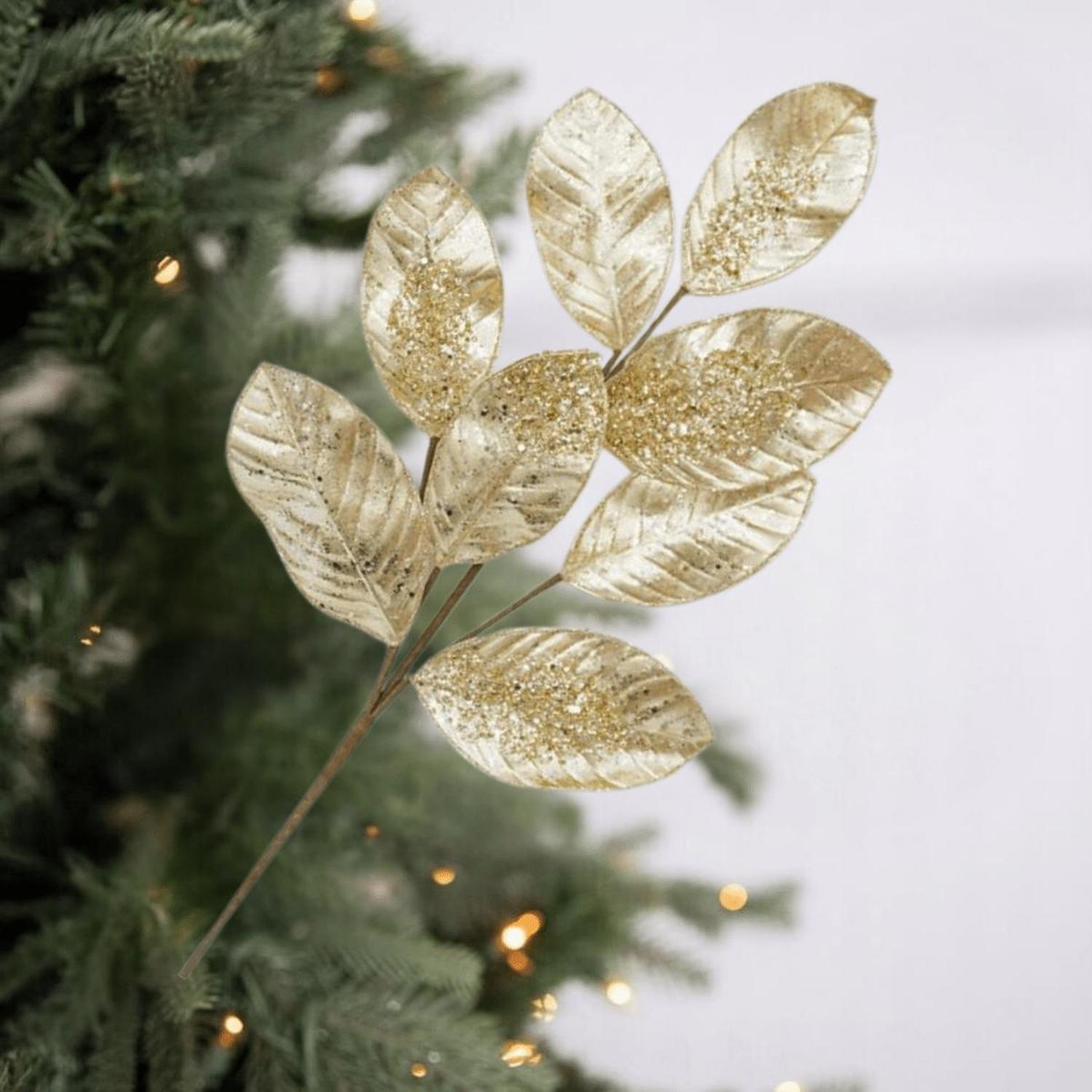 27" Metallic Magnolia Leaf Spray: Gold