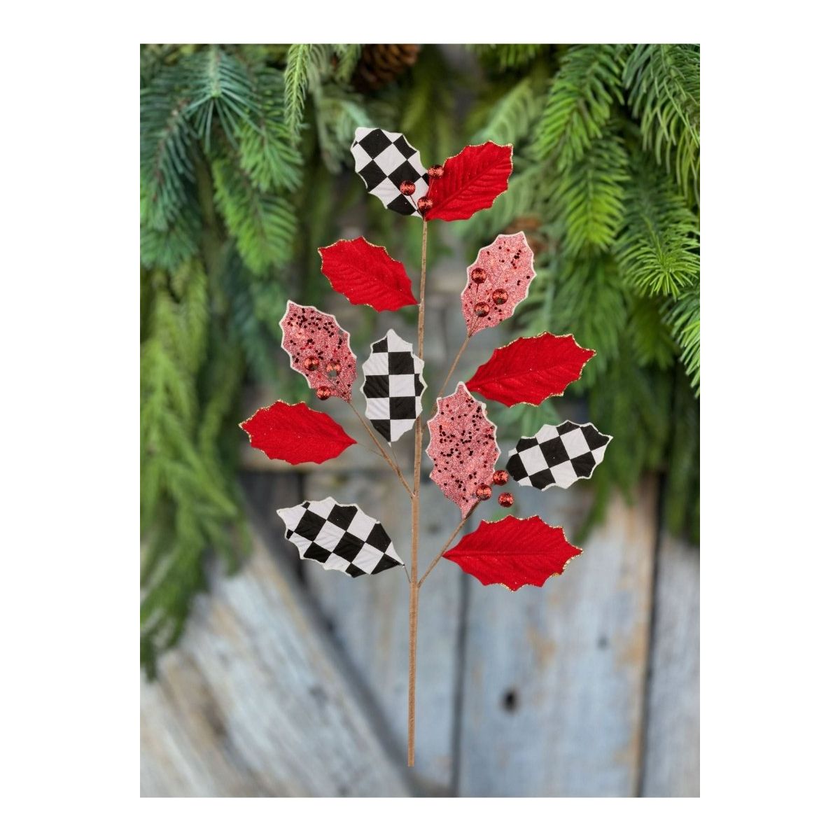 Shop For 27" Velvet Check Glitter Holly Leaf Spray