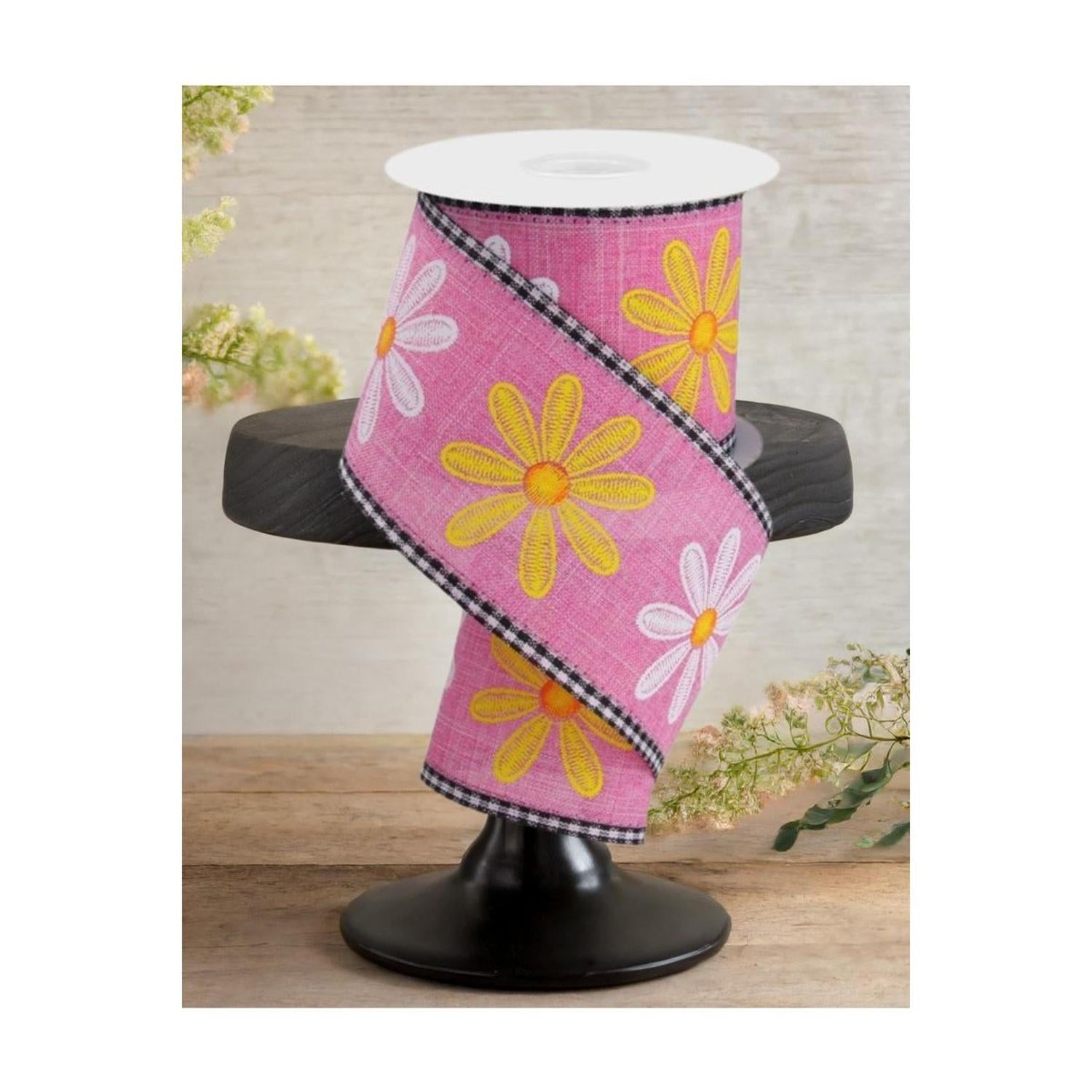 2.75" Embroidered Mixed Daisy Ribbon: Pink (10 Yards)