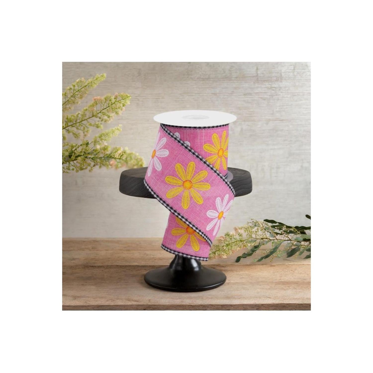 2.75" Embroidered Mixed Daisy Ribbon: Pink (10 Yards)